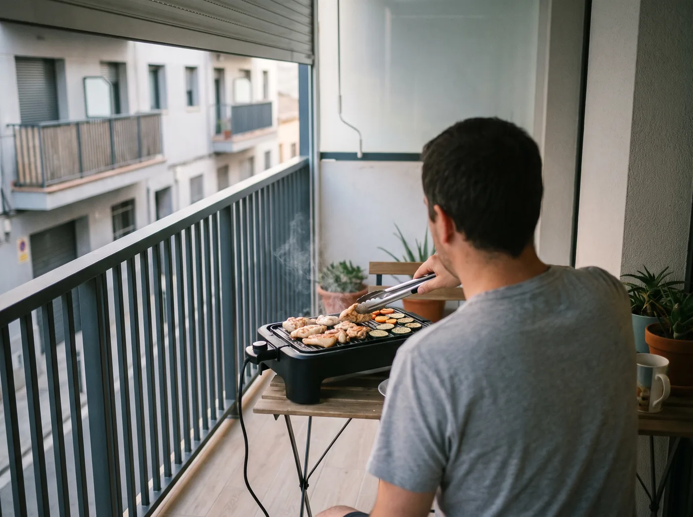 Balcón de un piso con una parrilla eléctrica de mesa enchufada y un hombre de espaldas (imagen generada con IA)
