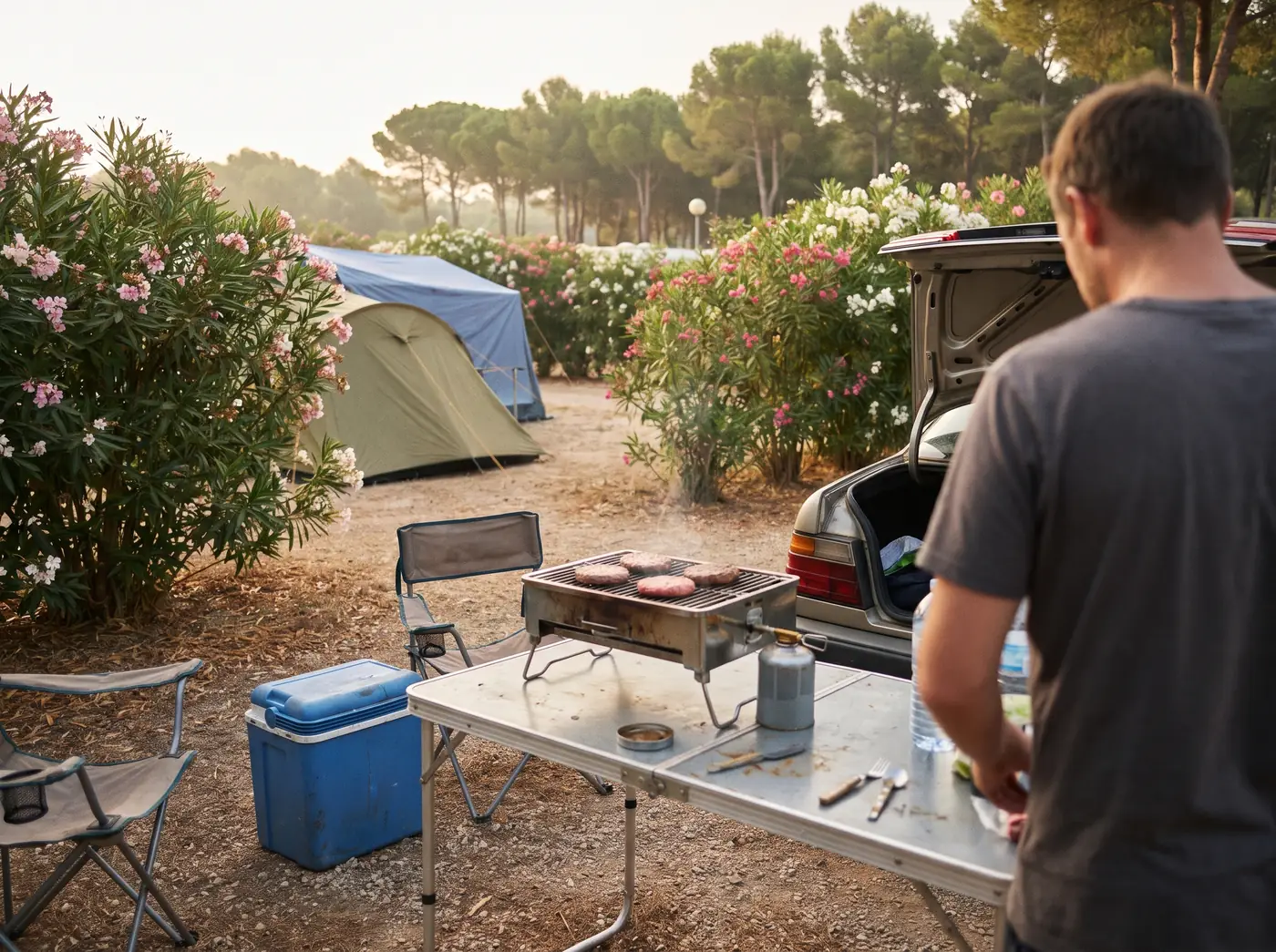 Parcela de camping con adelfas y tiendas, y una parrilla portátil de gas sobre una mesa plegable (imagen generada con IA)