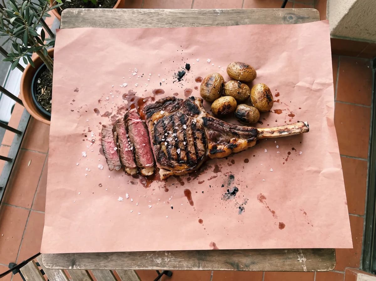 Chuletón con hueso cortado en tiras y patatas asadas sobre papel de carnicero (imagen generada con IA)