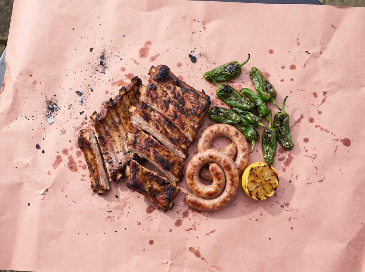 Costillas de cerdo, chorizo criollo y pimientos de Padrón sobre papel de carnicero (imagen generada con IA)