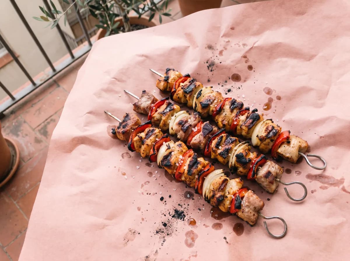 Cuatro pinchos morunos con pimiento y cebolla sobre papel de carnicero (imagen generada con IA)