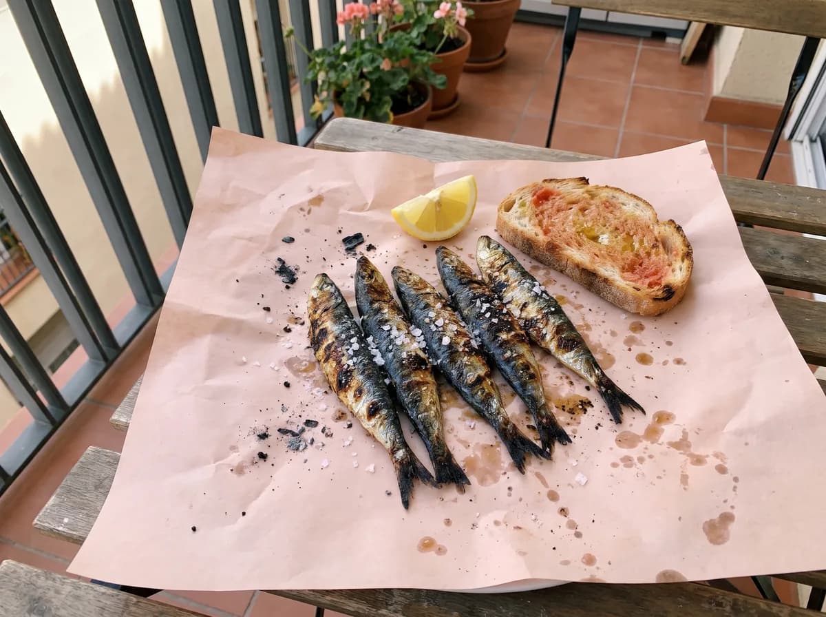 Seis sardinas asadas con limón y pan con tomate sobre papel de carnicero (imagen generada con IA)